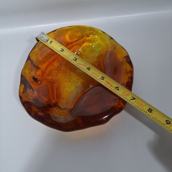 Blenko Free Form Ashtray 6.5"x 2"  Amber Art Glass Heavy Modernist Amoeba Blob - Picture 2 of 16